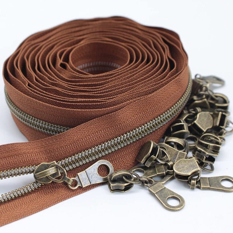 MebuZip #5 Antique Brass Metallic Nylon Coil Zippers by The Yard Bulk Coil Zipper Roll 10 Yards with 25pcs Pulls for DIY Sewing Craft Bags (Brown) - Image 2